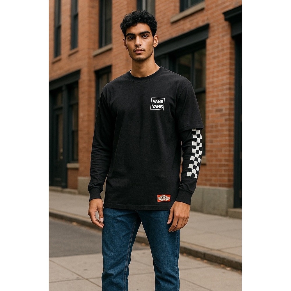 Vans‎ Size M Shirt Logo Long Sleeve Classic Check Crew Neck Black